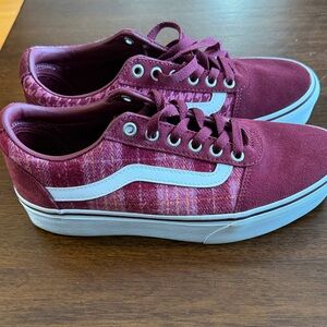 Vans burgundy suede & plaid low-top sneakers. Size 8.5